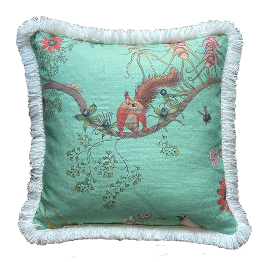 Aqua Squirrel Print Fringe Pillow