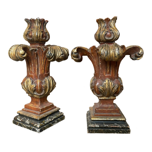 Antique Wooden Finial Lamp-Base Pair